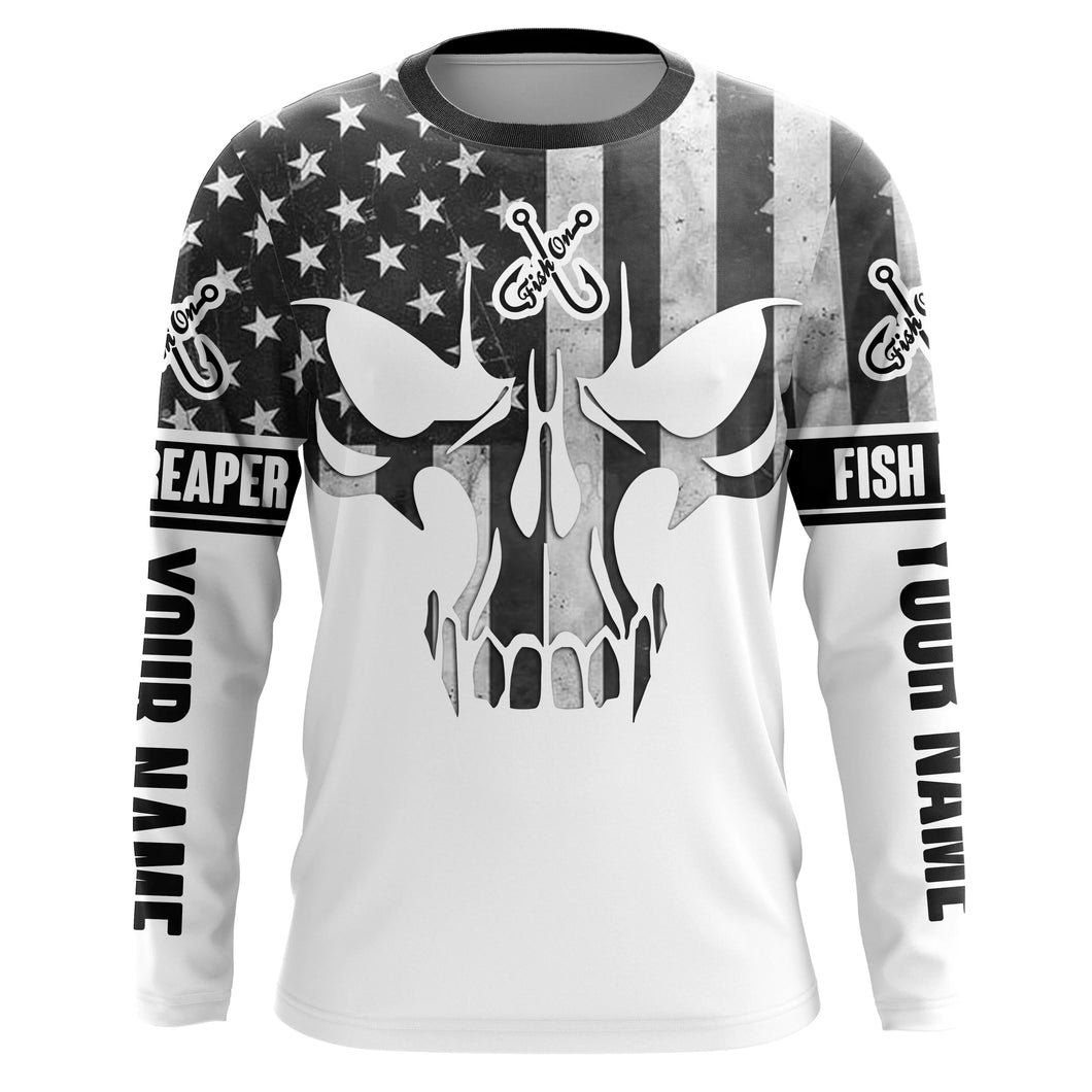 Black And White American Flag Fishing Shirts, Fish Reaper Skull Personalized Patriotic Fishing Gifts IPHW4136