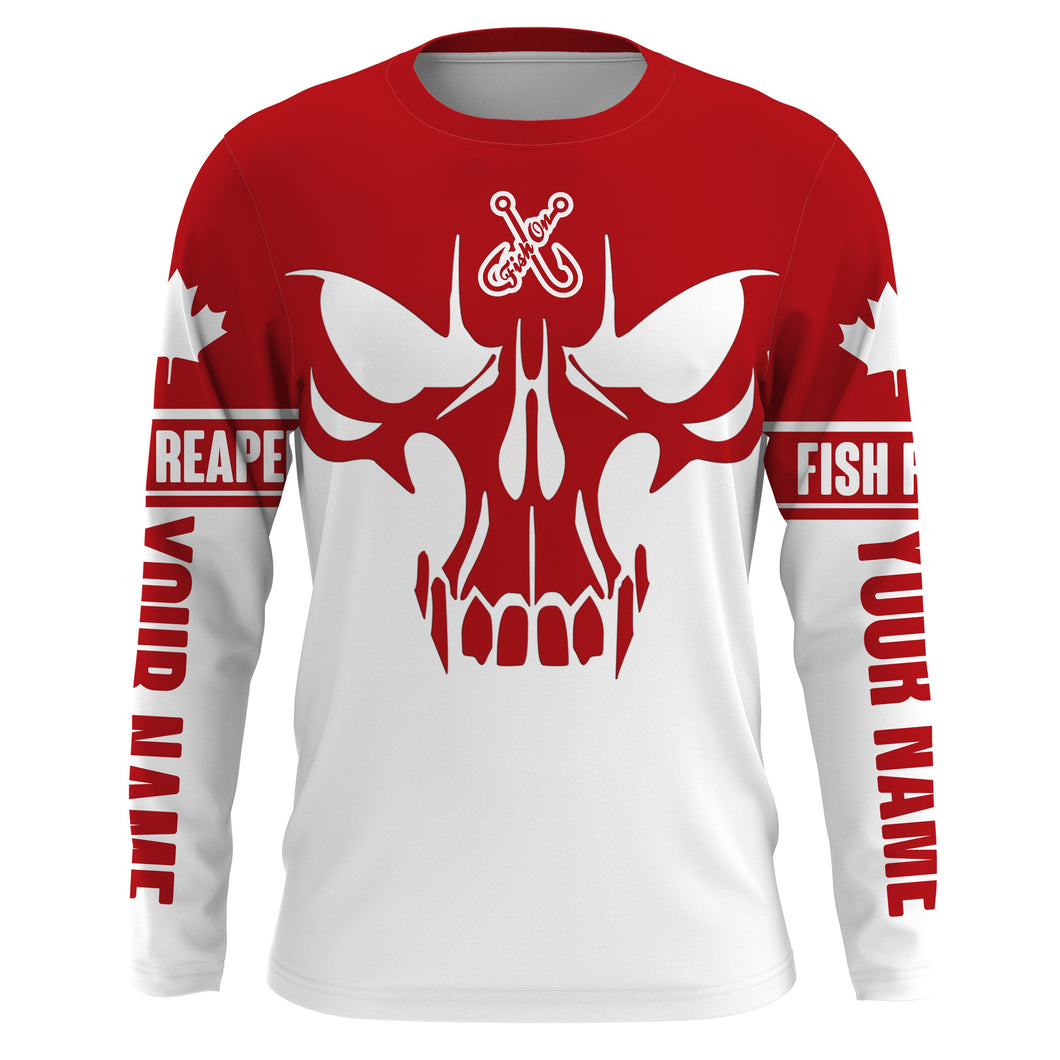 Canada Flag Custom Long Sleeve performance Fishing Shirts, Fish skull Fish reaper Fishing jerseys IPHW2946