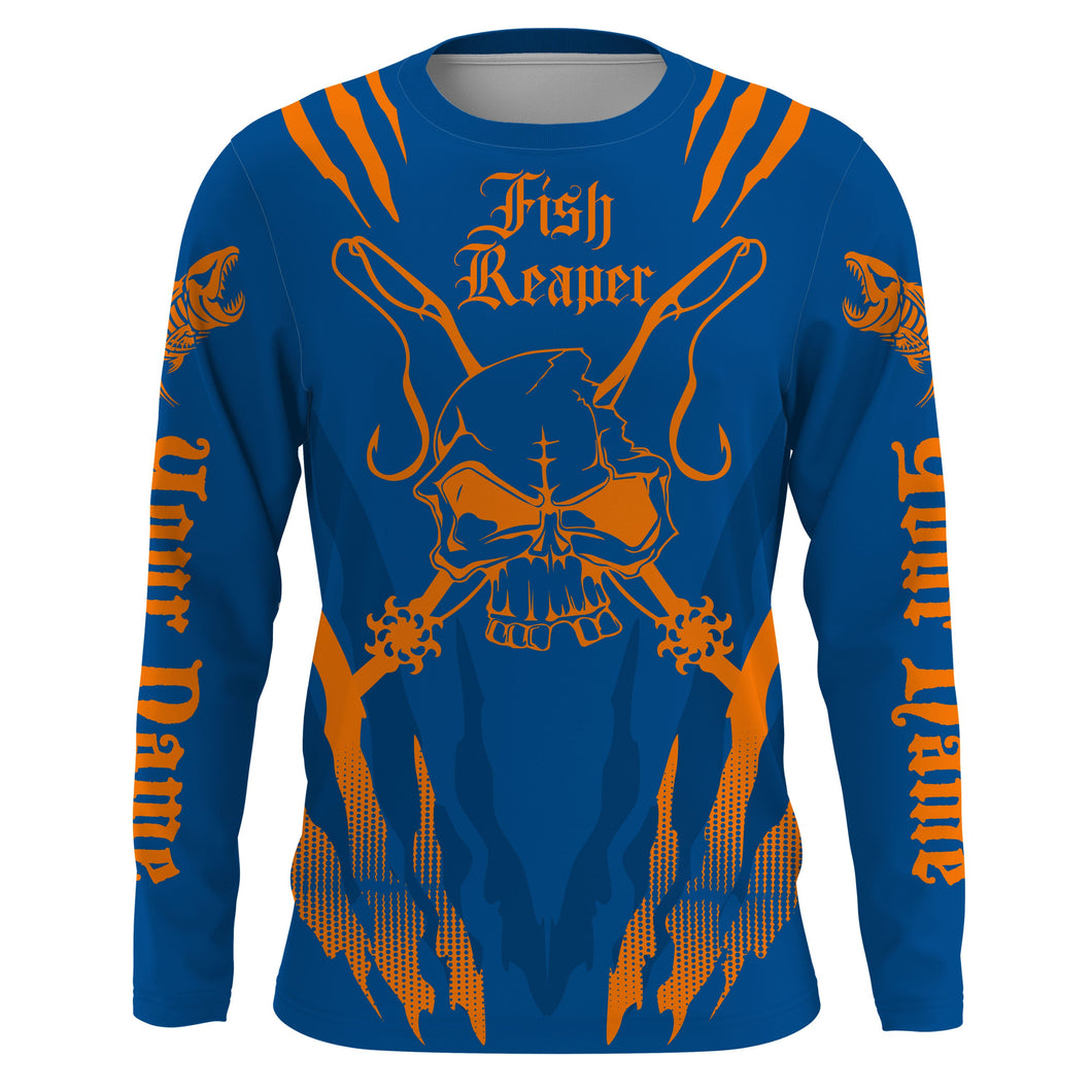 Fish reaper Custom Long Sleeve performance Fishing Shirts, Skull Fishing jerseys | blue and orange IPHW3099