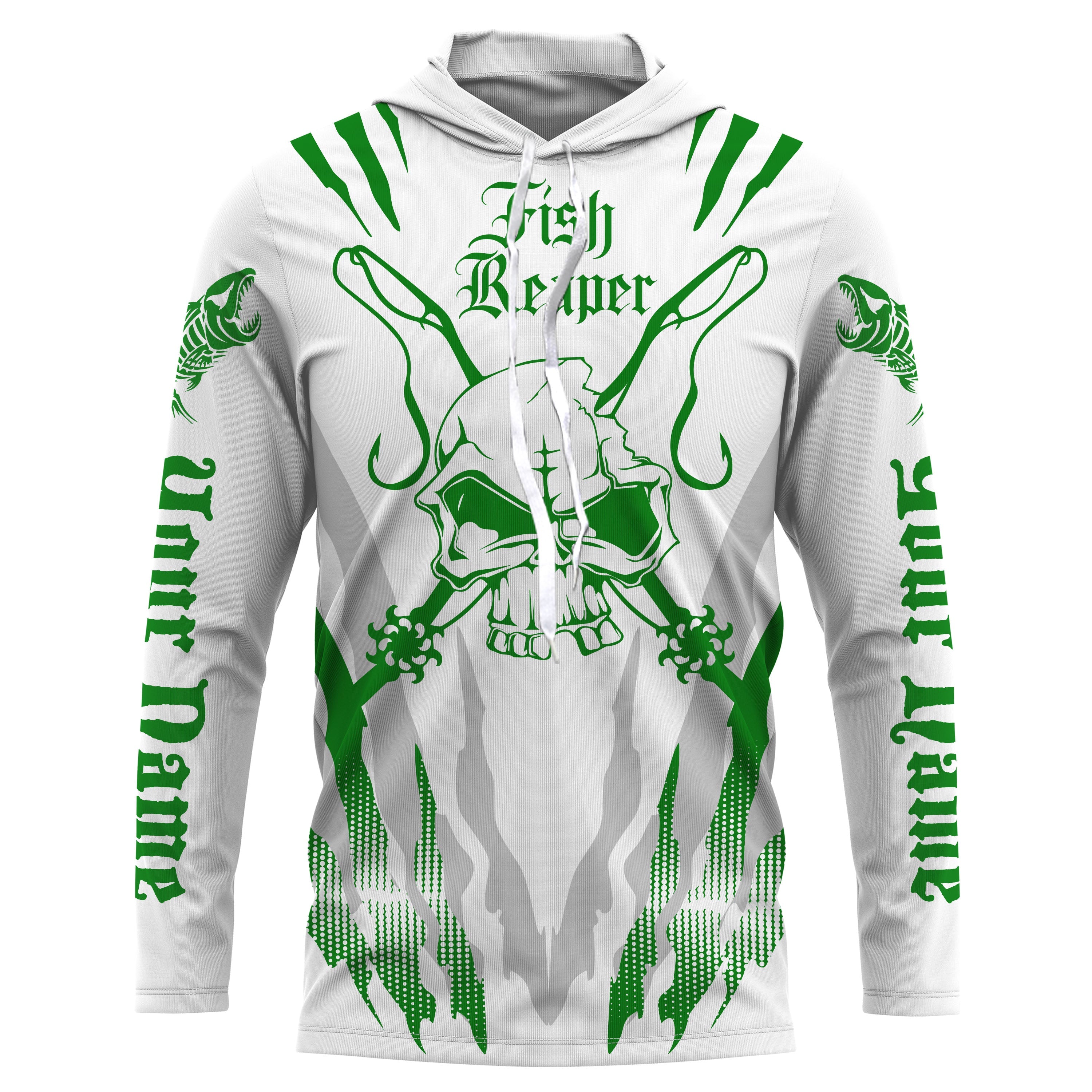 Fish reaper Custom Long Sleeve performance Fishing Shirts, Skull Fishing jerseys | white and green IPHW3101