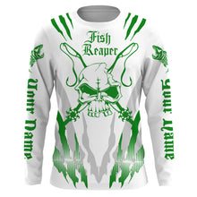 Load image into Gallery viewer, Fish reaper Custom Long Sleeve performance Fishing Shirts, Skull Fishing jerseys | white and green IPHW3101
