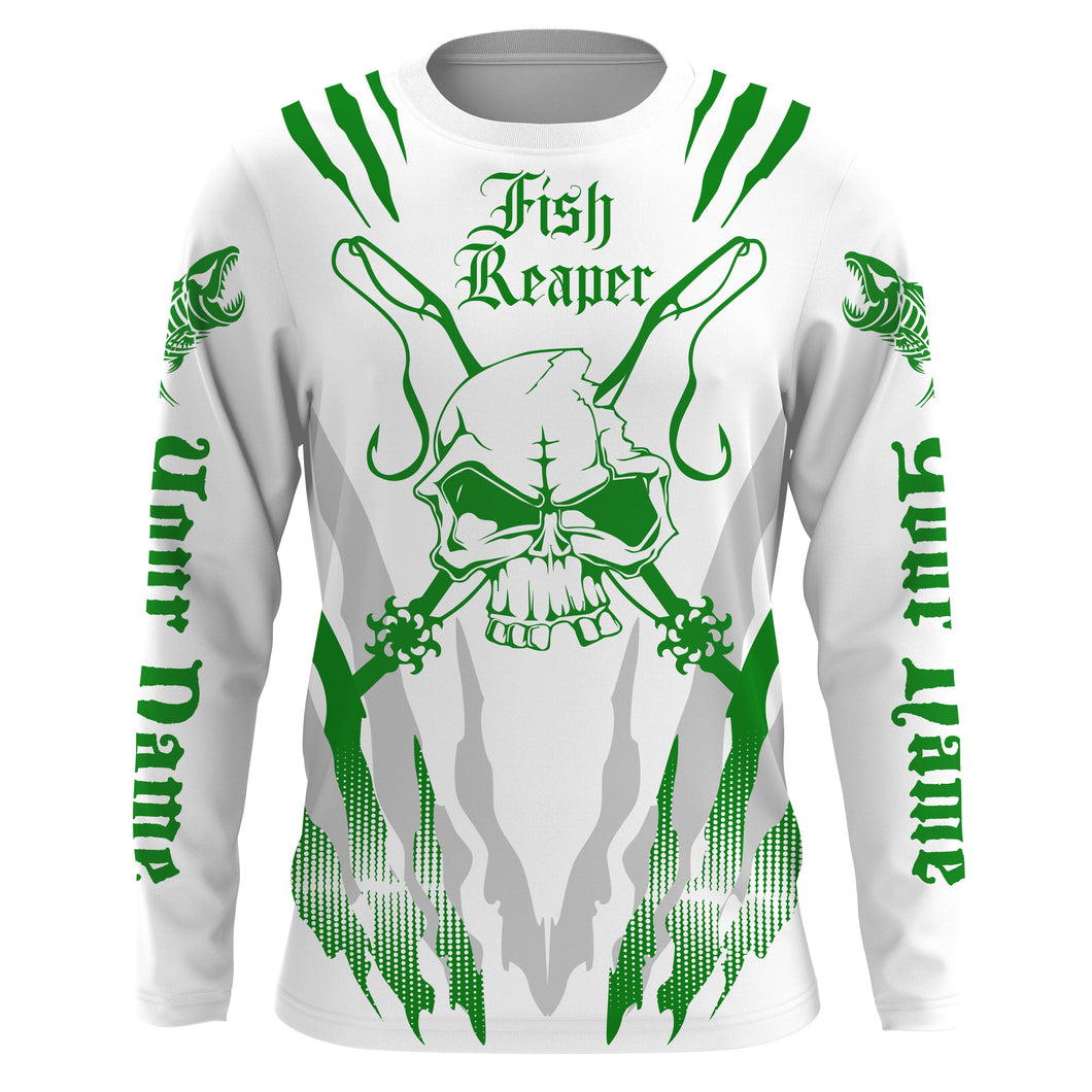 Fish reaper Custom Long Sleeve performance Fishing Shirts, Skull Fishing jerseys | white and green IPHW3101