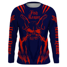 Load image into Gallery viewer, Fish reaper Custom Long Sleeve performance Fishing Shirts, Skull Fishing jerseys | navy and red IPHW3102
