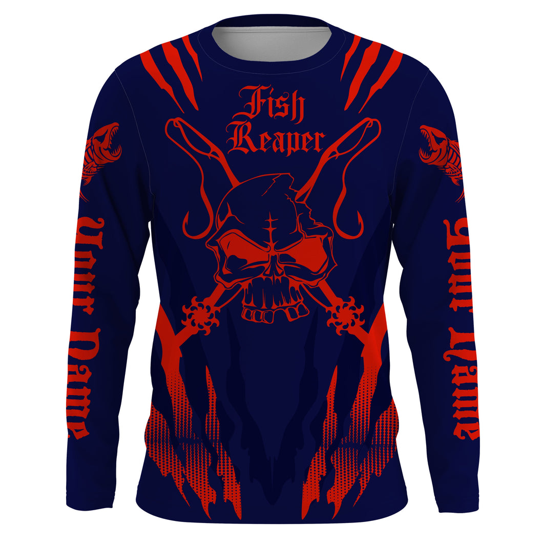 Fish reaper Custom Long Sleeve performance Fishing Shirts, Skull Fishing jerseys | navy and red IPHW3102