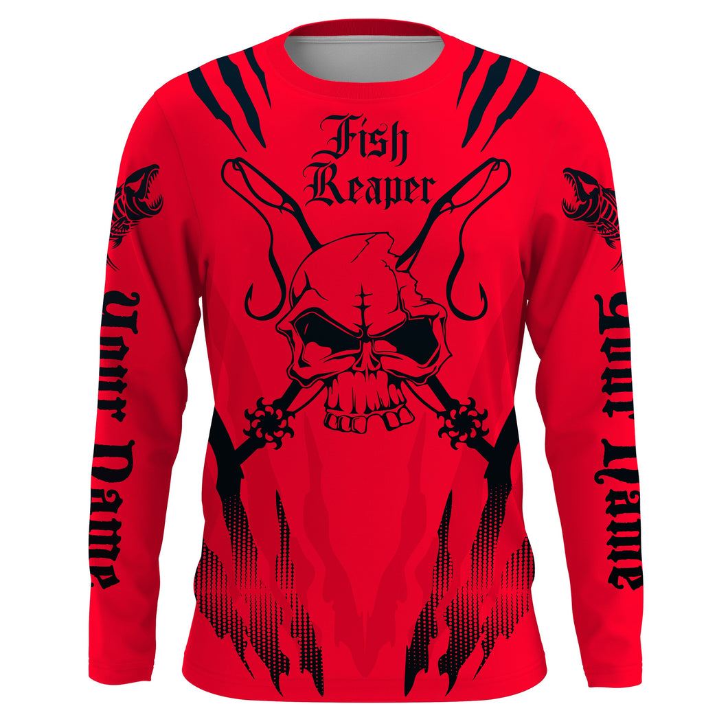 Fish reaper Custom Long Sleeve performance Fishing Shirts, Skull Fishing jerseys | red and black IPHW3104