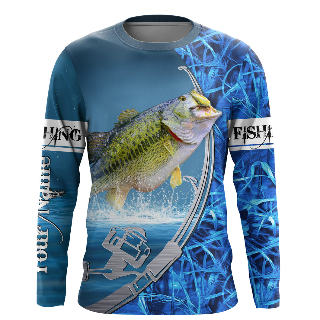 Largemouth Bass Custom Long sleeve performance Fishing Shirts, Bass Fishing jerseys | blue camo IPHW1898