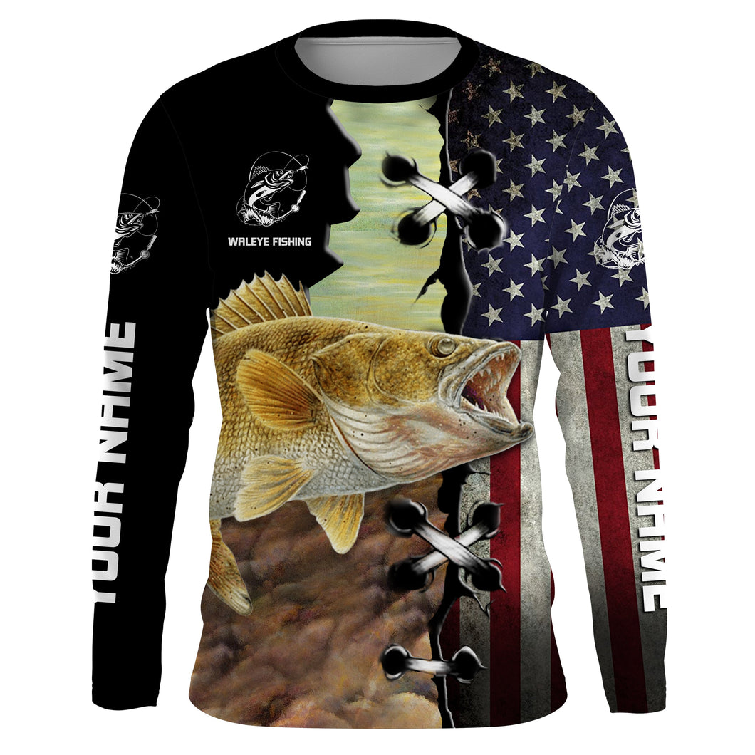 Walleye Fishing American Custom Long Sleeve Fishing Shirts, Personalized Patriotic Fishing gifts IPHW2043