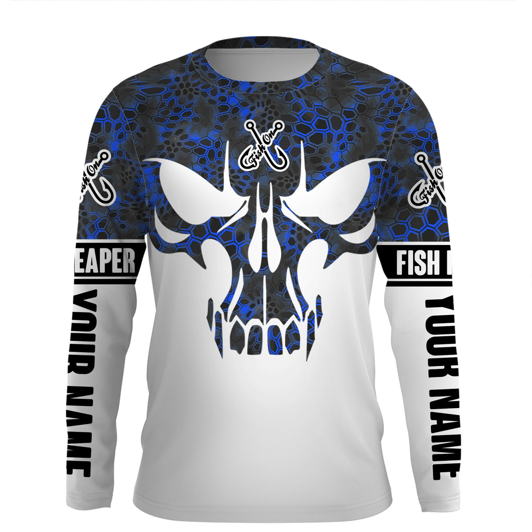 Fishing camo Fish Reaper Fish skull Custom long sleeve performance Fishing Shirts| blue camo IPHW2308