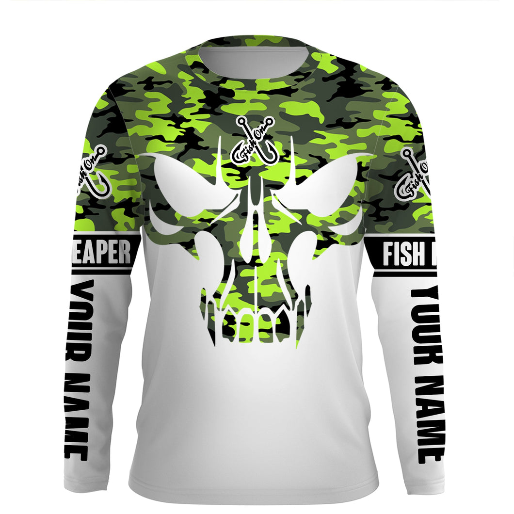 Fishing camo Fish Reaper Fish skull Custom long sleeve performance Fishing Shirts| green camo IPHW2309