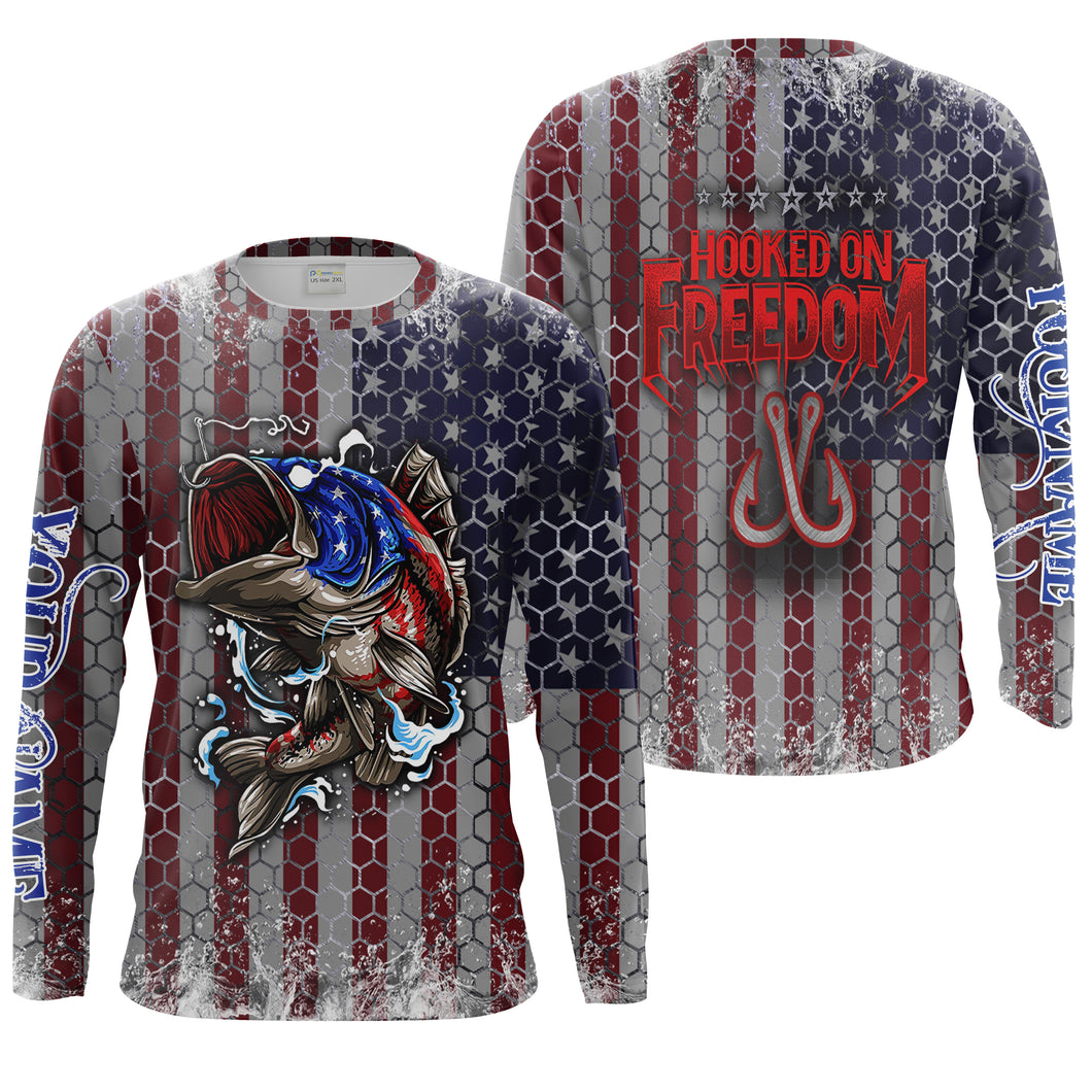 Personalized Bass Fishing American Flag Men Long sleeve performance Fishing Shirts, Patriotic Hooked on Freedom - HPW7