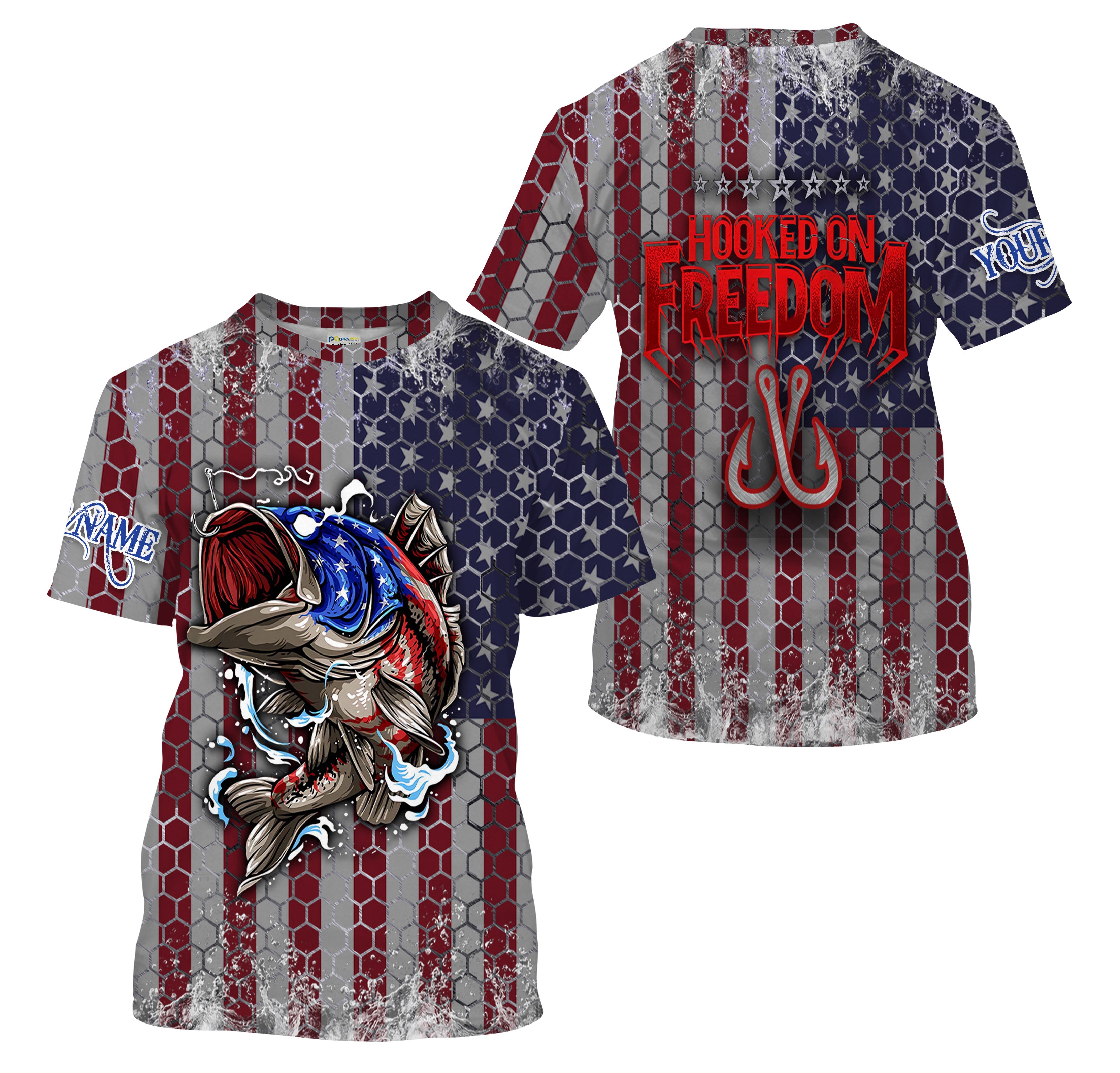 Personalized Bass Fishing American Flag Men performance Fishing T Shirts, Patriotic Hooked on Freedom - HPW7