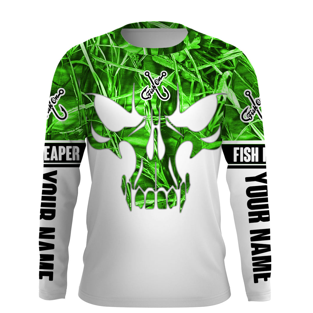 Green camo Fishing skull Custom long sleeves performance Fishing Shirts IPHW1732