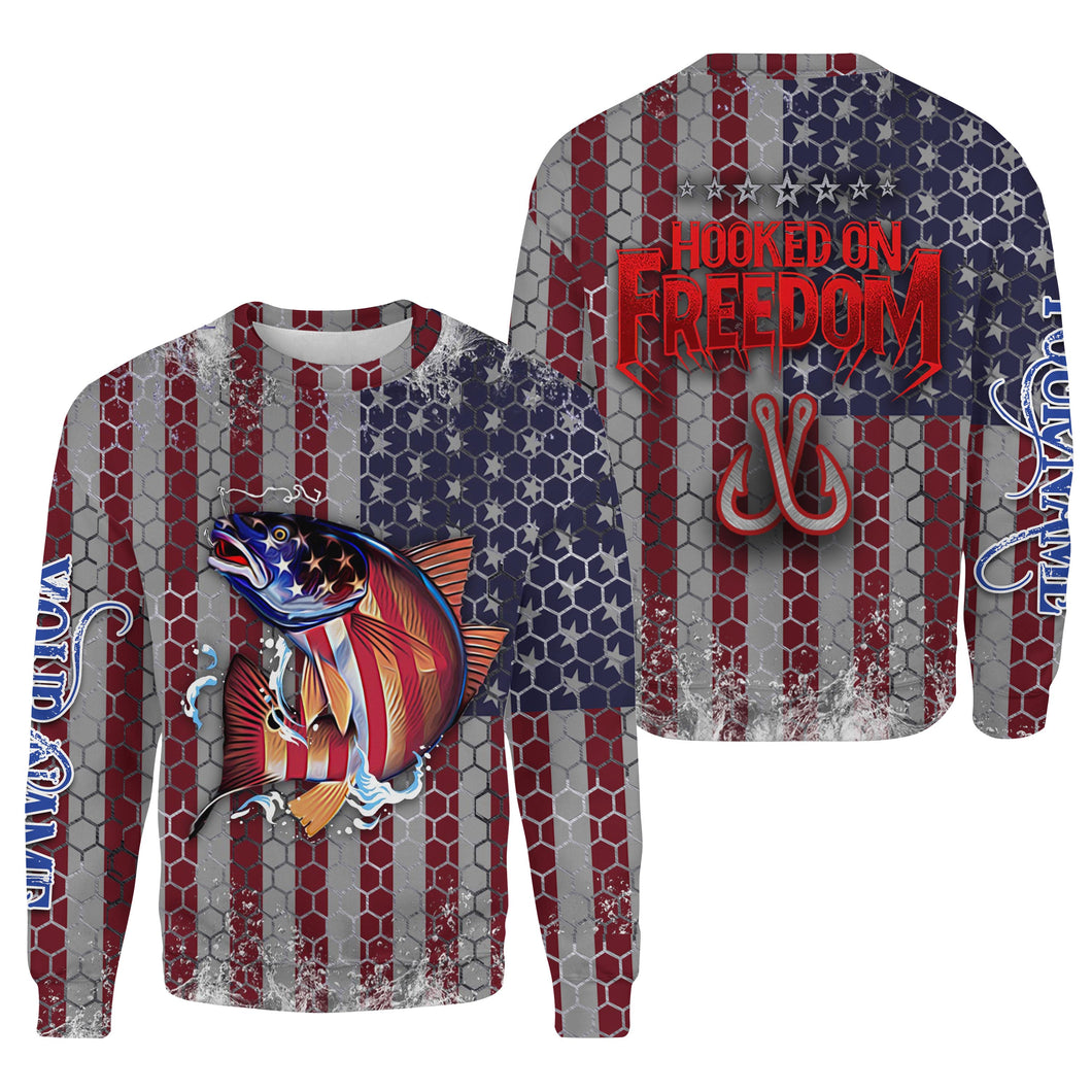 Redfish Puppy Drum Fishing American Flag Hooked on Freedom Custom All over print Sweatshirt, Patriotic Fishing gifts - HPW308