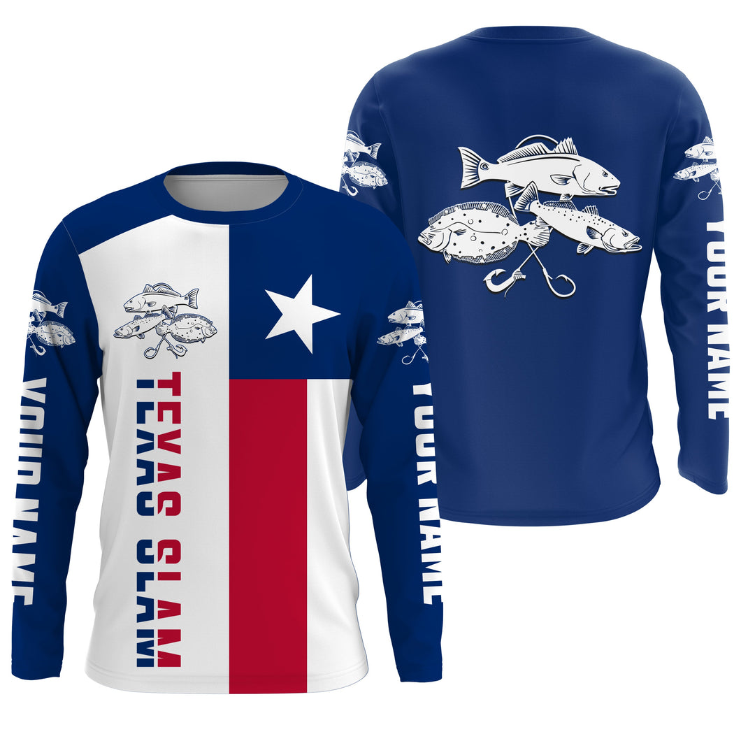 Personalized Texas Flag Fishing Shirts, Redfish Trout Flounder Texas Slam Fishing apparel IPHW2007