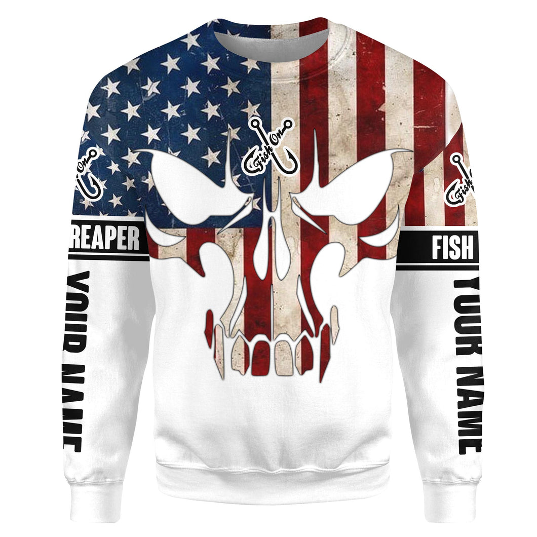 American Flag Fishing skull Fish reaper Custom All over print Sweatshirt , personalized Patriotic Fishing gifts - HPW348