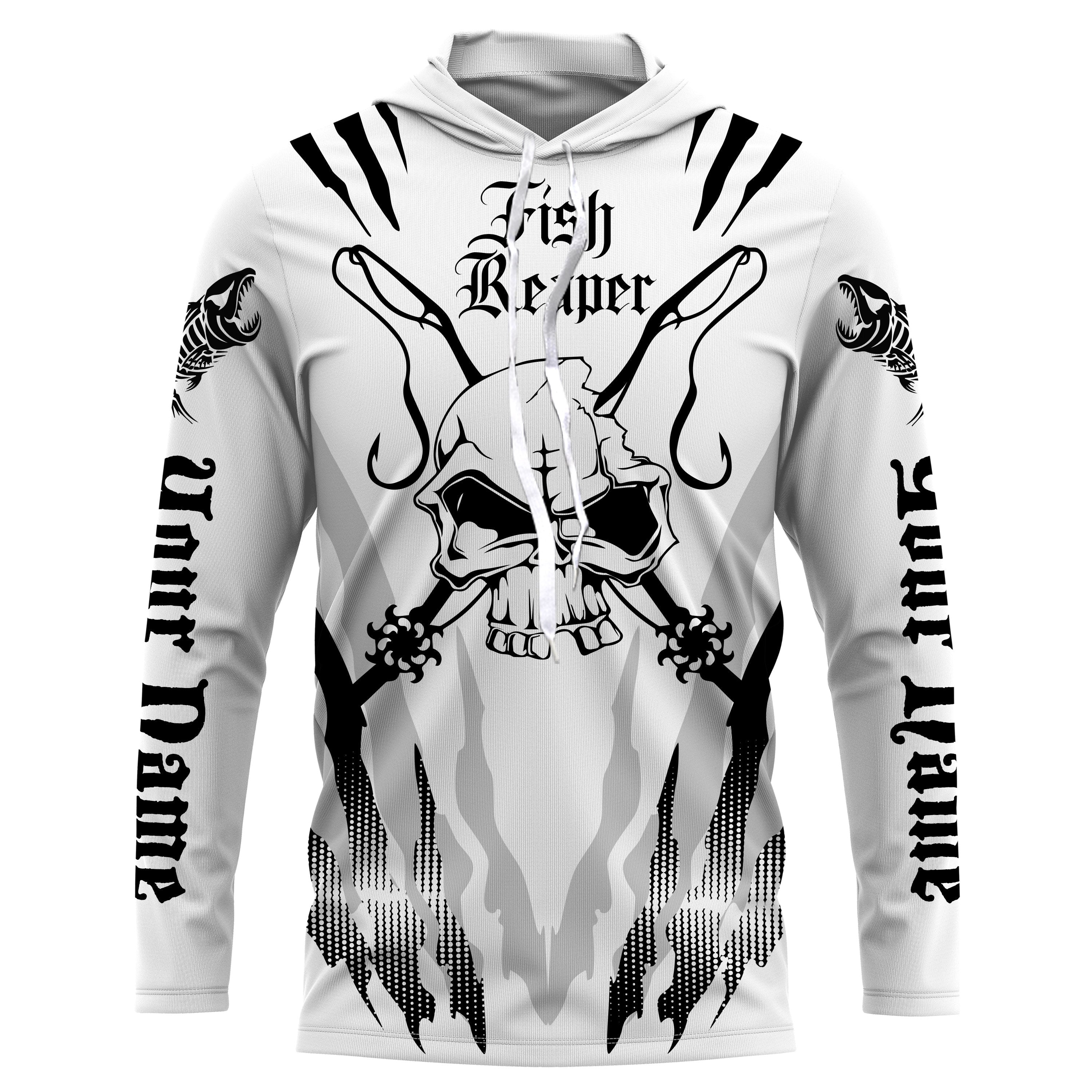 Fish reaper Custom Long Sleeve performance Fishing Shirts, Skull Fishing jerseys| black and white IPHW2999