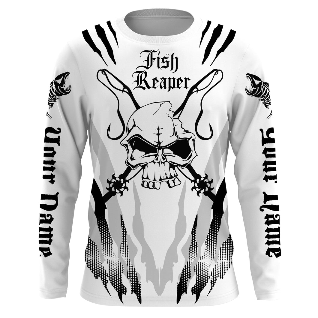 Fish reaper Custom Long Sleeve performance Fishing Shirts, Skull Fishing jerseys| black and white IPHW2999