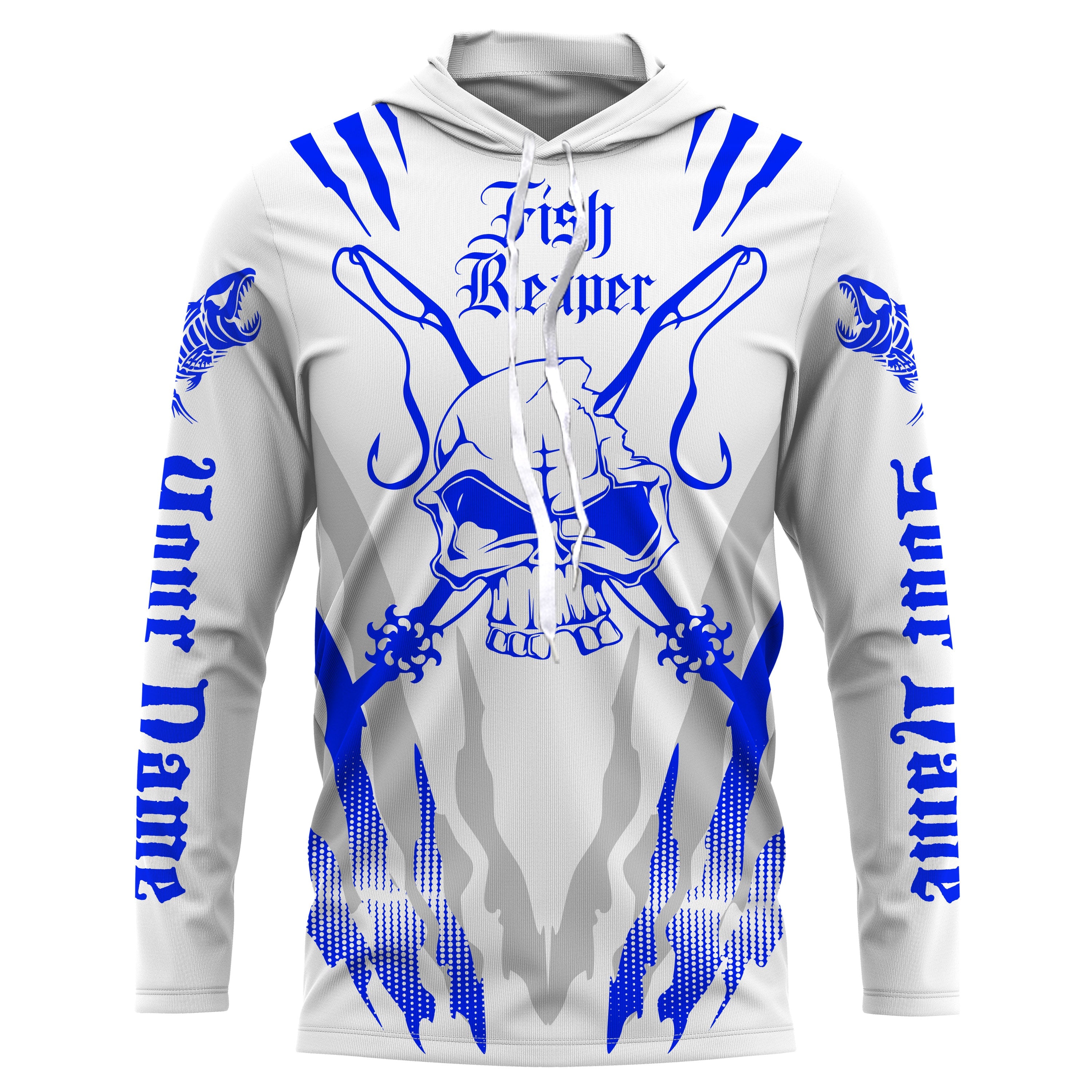 Fish reaper Custom Long Sleeve performance Fishing Shirts, Skull Fishing jerseys| blue and white IPHW3000