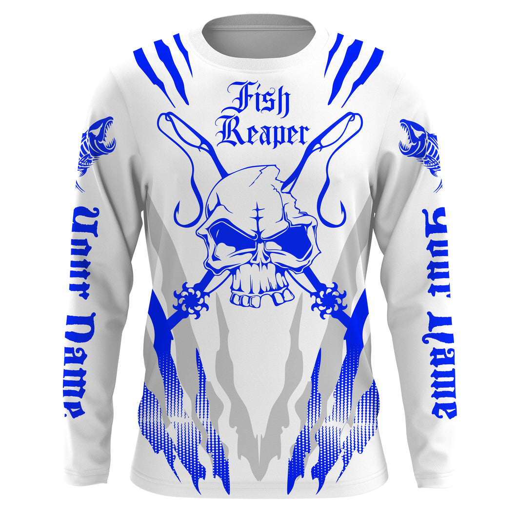 Fish reaper Custom Long Sleeve performance Fishing Shirts, Skull Fishing jerseys| blue and white IPHW3000