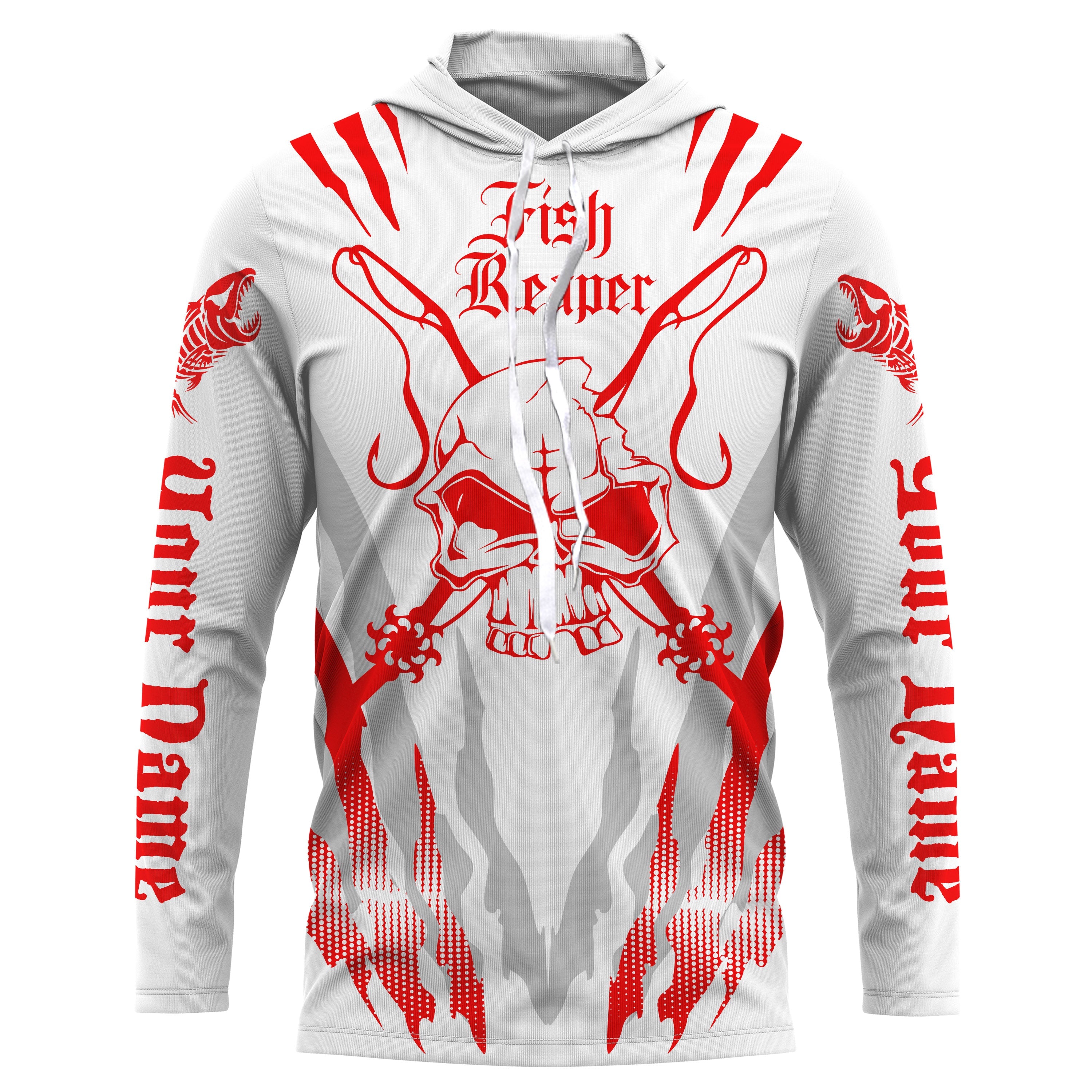 Fish reaper Custom Long Sleeve performance Fishing Shirts, Skull Fishing jerseys| red and white IPHW3001