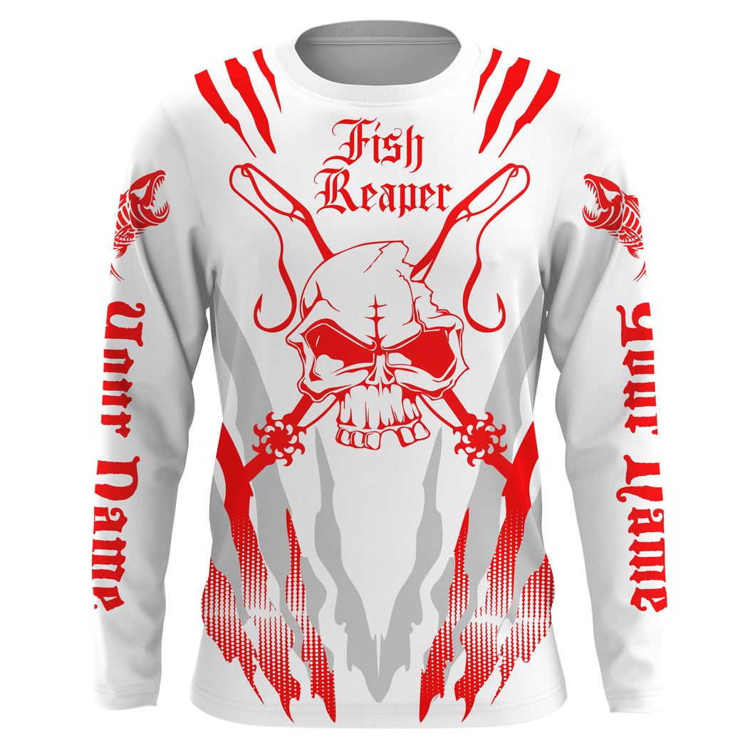 Fish reaper Custom Long Sleeve performance Fishing Shirts, Skull Fishing jerseys| red and white IPHW3001