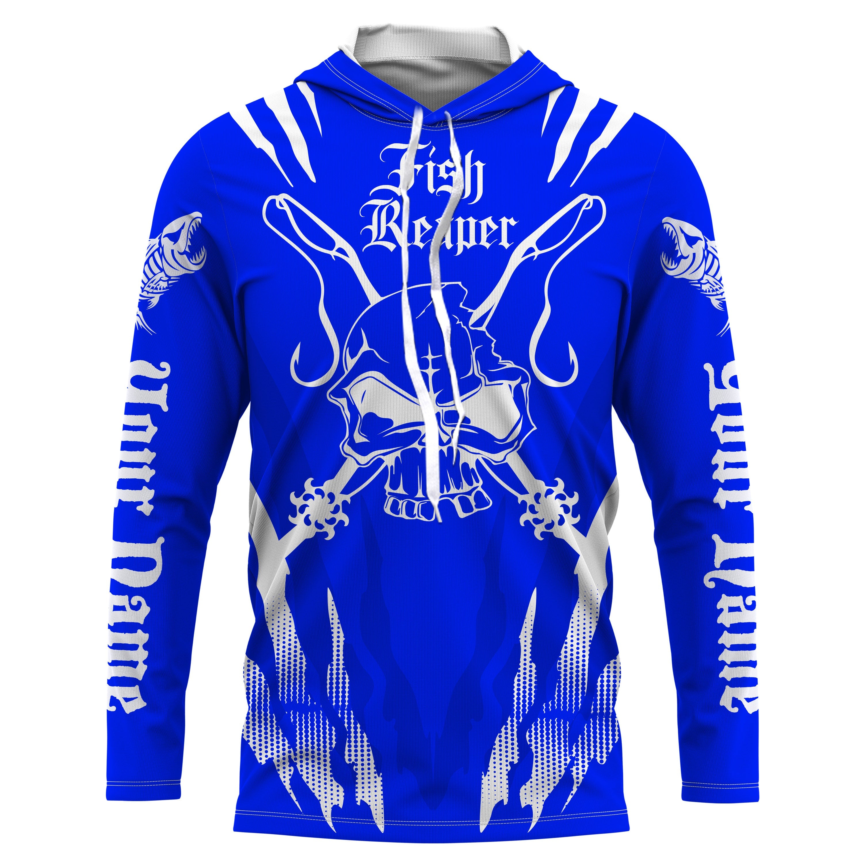 Fish reaper Custom Long Sleeve performance Fishing Shirts, Skull Fishing jerseys| blue and white IPHW3002