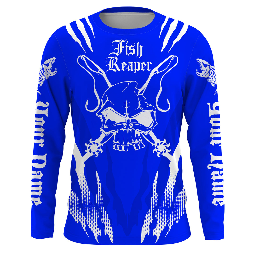 Fish reaper Custom Long Sleeve performance Fishing Shirts, Skull Fishing jerseys| blue and white IPHW3002