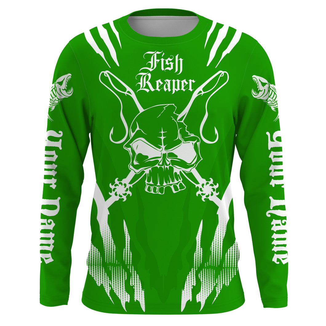 Fish reaper Custom Long Sleeve performance Fishing Shirts, Skull Fishing jerseys| green IPHW3003