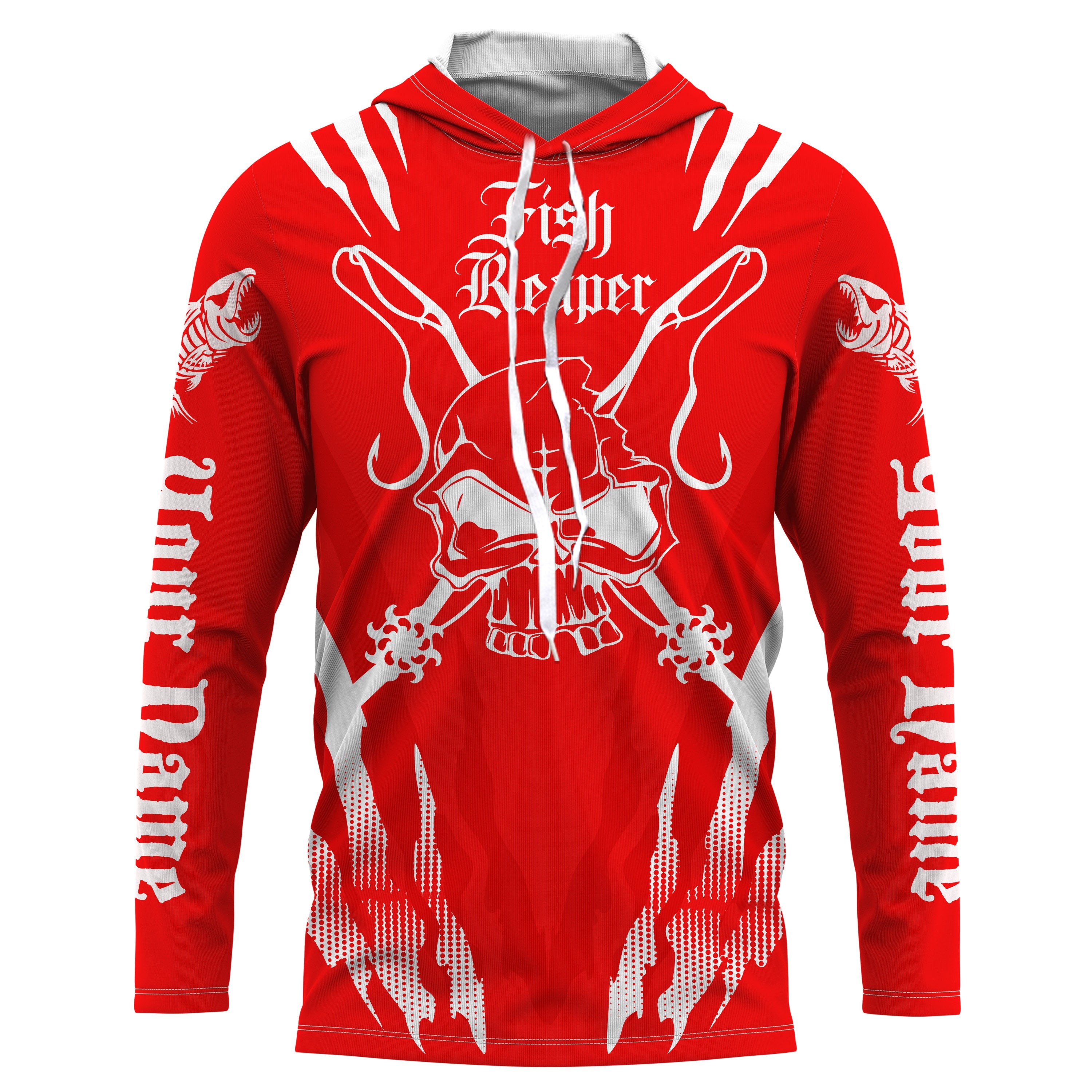 Fish reaper Custom Long Sleeve performance Fishing Shirts, Skull Fishing jerseys| red and white IPHW3004