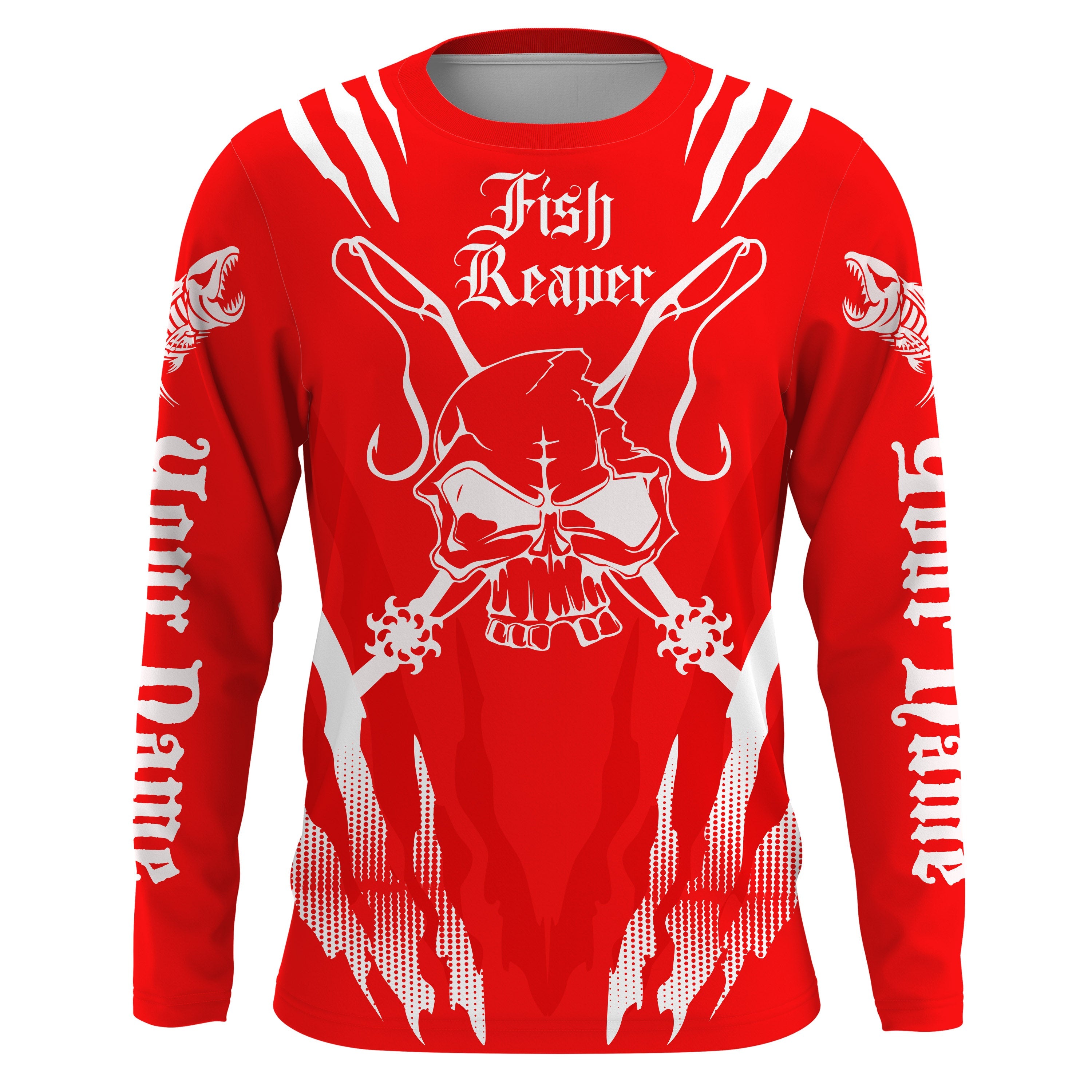 Fish reaper Custom Long Sleeve performance Fishing Shirts, Skull Fishing jerseys| red and white IPHW3004