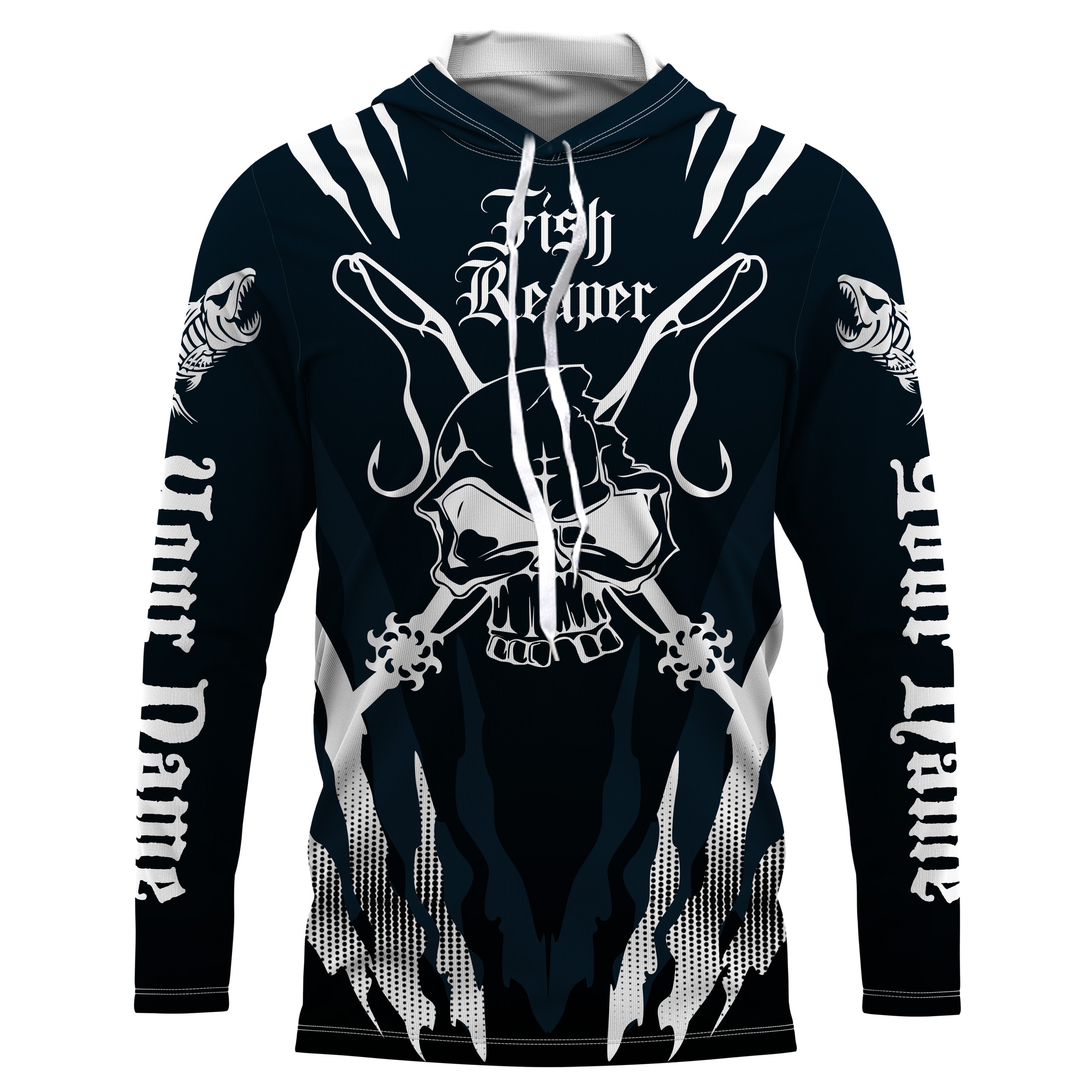 Fish reaper Custom Long Sleeve performance Fishing Shirts, Skull Fishing jerseys |black and white IPHW3017