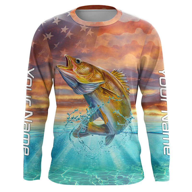 Walleye Fishing American Flag Custom Long Sleeve Fishing Shirts, Patri ...