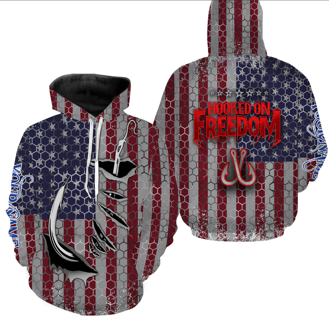American Flag Fish Hook Custom Hoodie Fishing Shirts Personalized Patriotic Fishing Gifts - HPW32