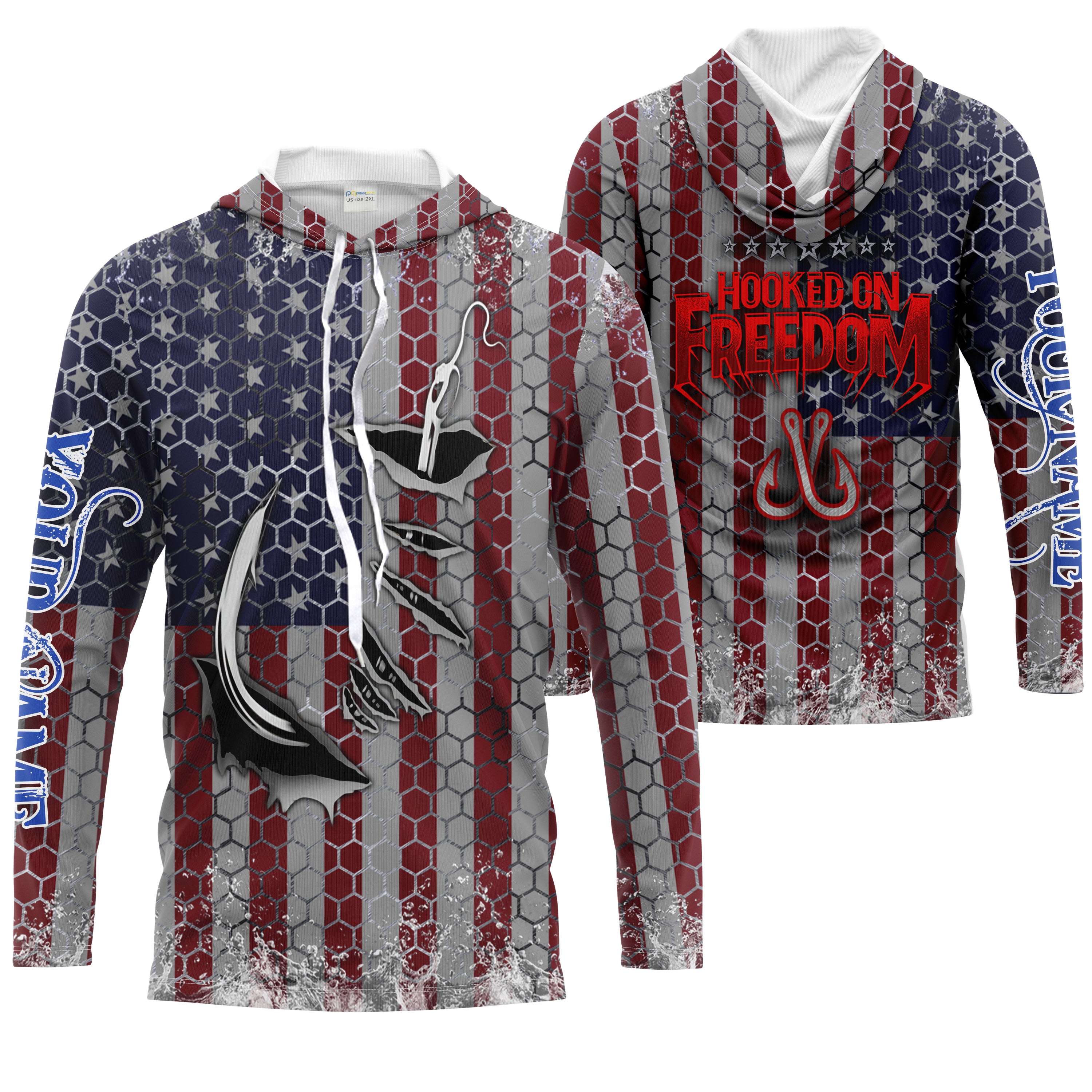 American Flag Fish Hook Custom Men Long Sleeve Fishing Shirts Personalized Patriotic Fishing Gifts - HPW32