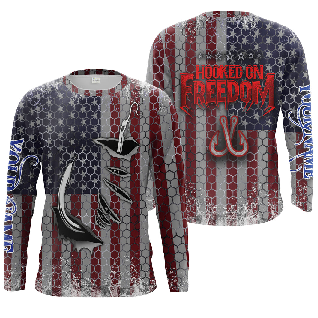 American Flag Fish Hook Custom Men Long Sleeve Fishing Shirts Personalized Patriotic Fishing Gifts - HPW32