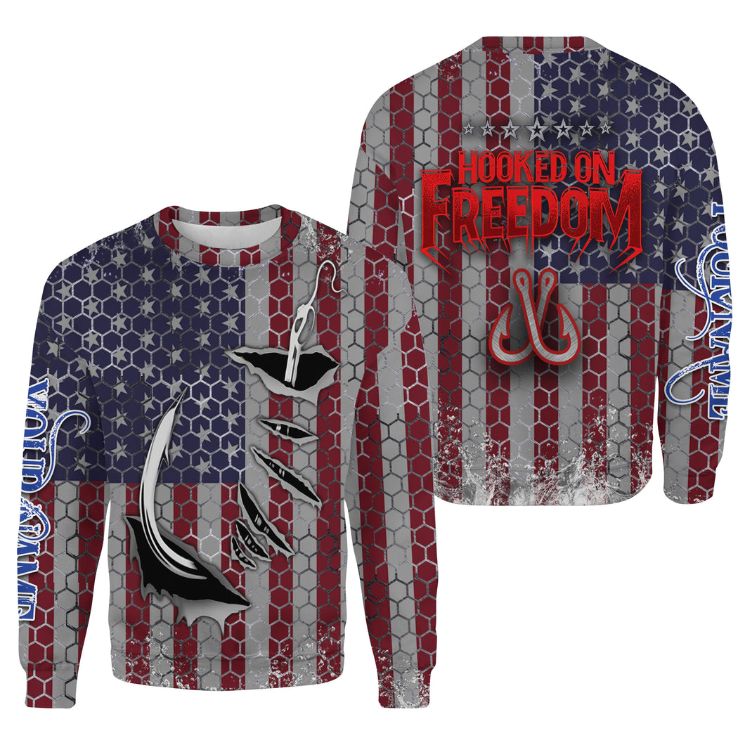 American Flag Fish Hook Custom Sweatshirt Fishing Shirts Personalized Patriotic Fishing Gifts - HPW32