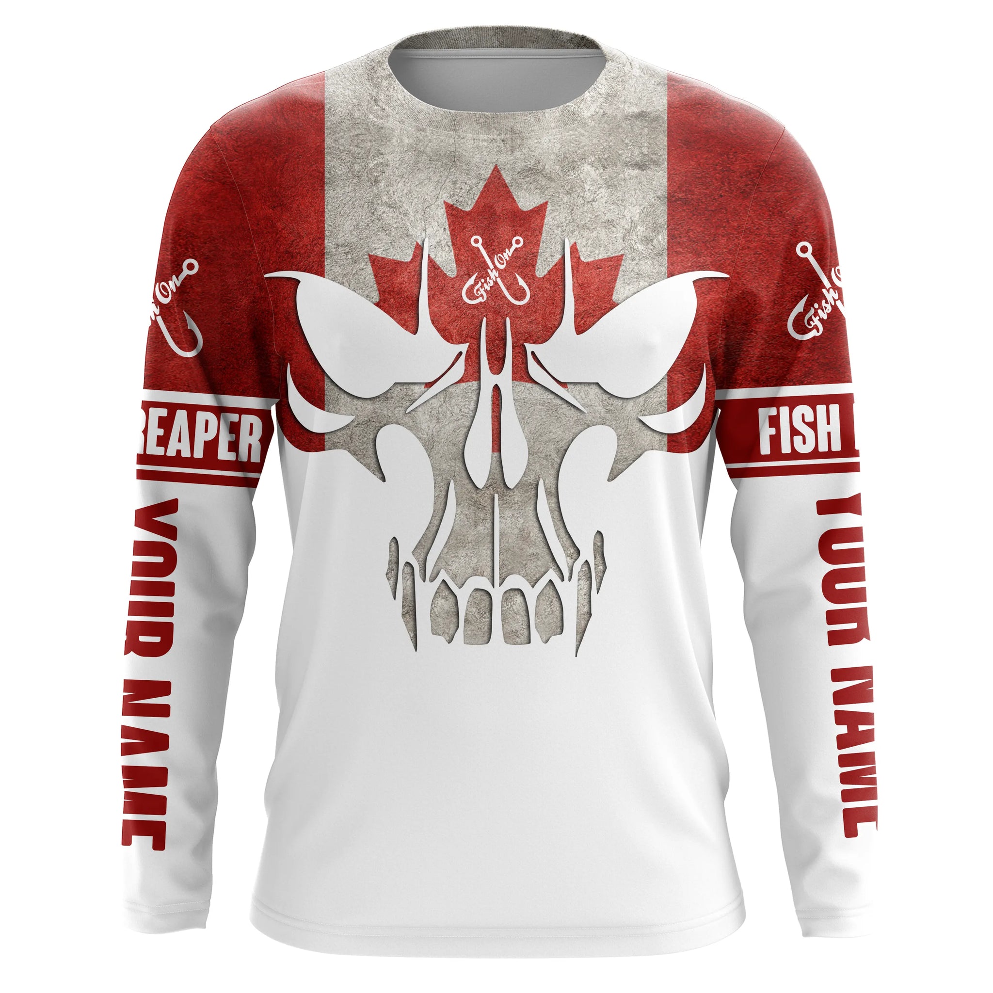 Fish Reaper Skull Vintage Canada Flag Custom Long Sleeve Fishing Shirt –  FishingAmz