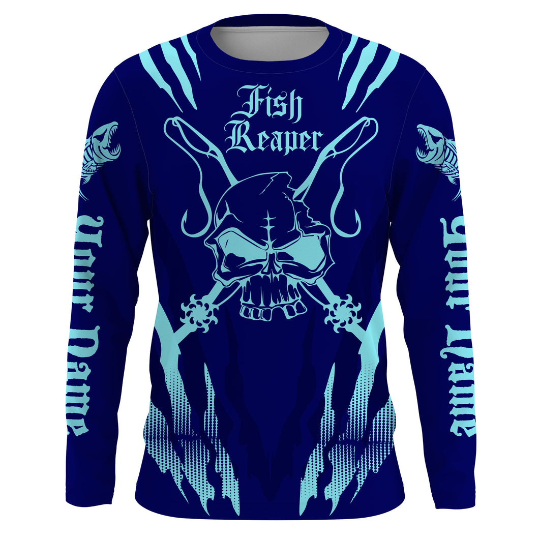 Fish reaper Custom Long Sleeve performance Fishing Shirts, Skull Fishing jerseys | navy blue IPHW3085