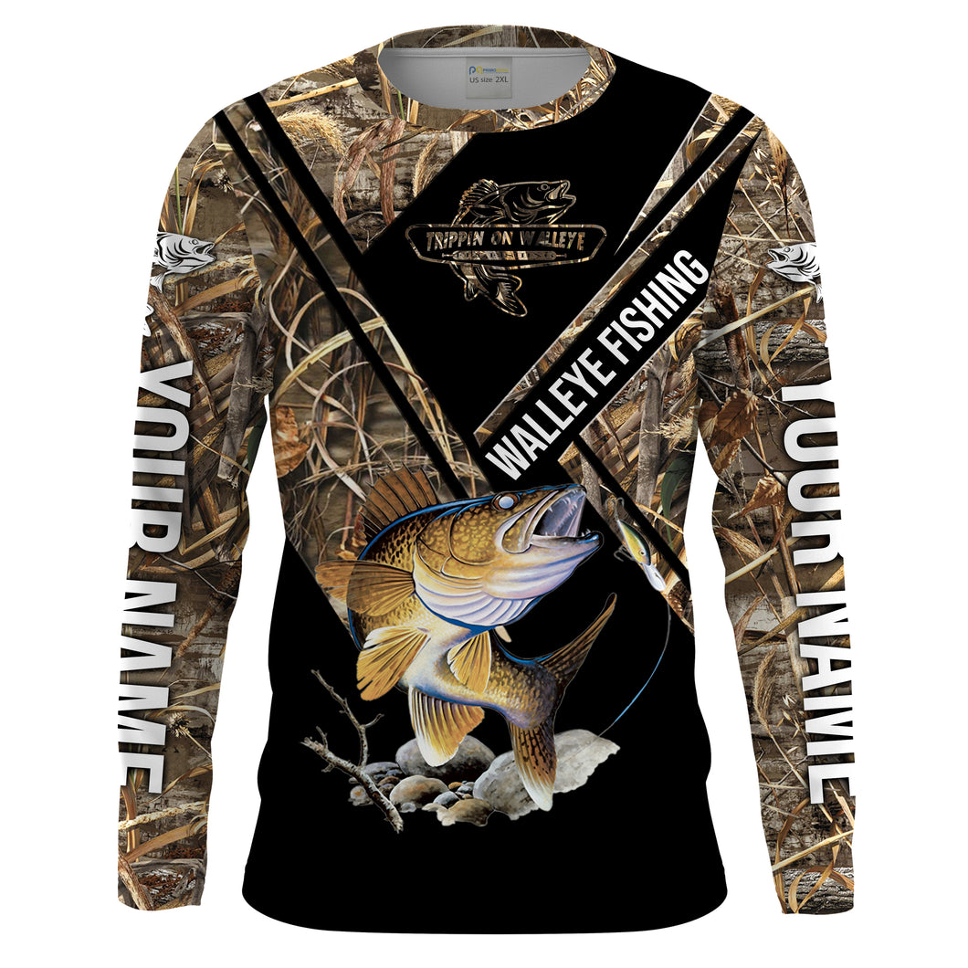 Walleye Fishing Camo Custom UV Long Sleeve Fishing Shirts, Personalized Walleye Shirts - HPW230
