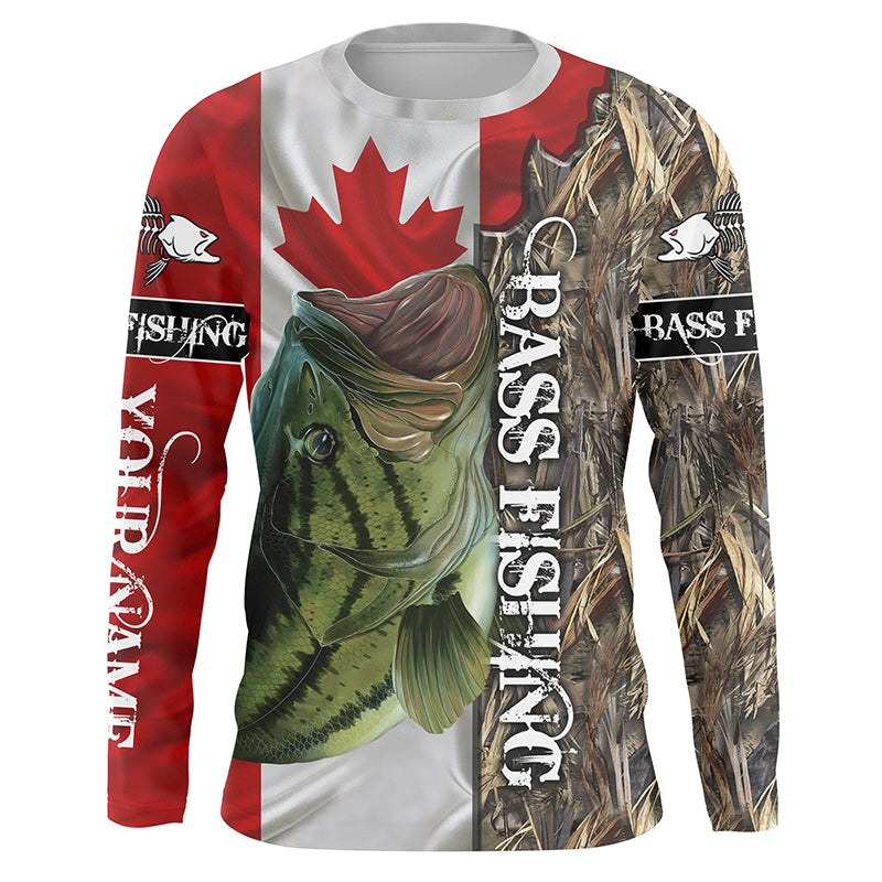 Bass Fishing Canada Flag Customize Name UV protection quick dry UPF 30+ long sleeves fishing shirt for men NPQ93