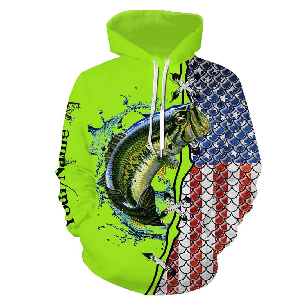 Largemouth Bass fishing lime green American flag fishing Customize name 3D All Over Printed fishing hoodie, gift for fisherman NPQ450