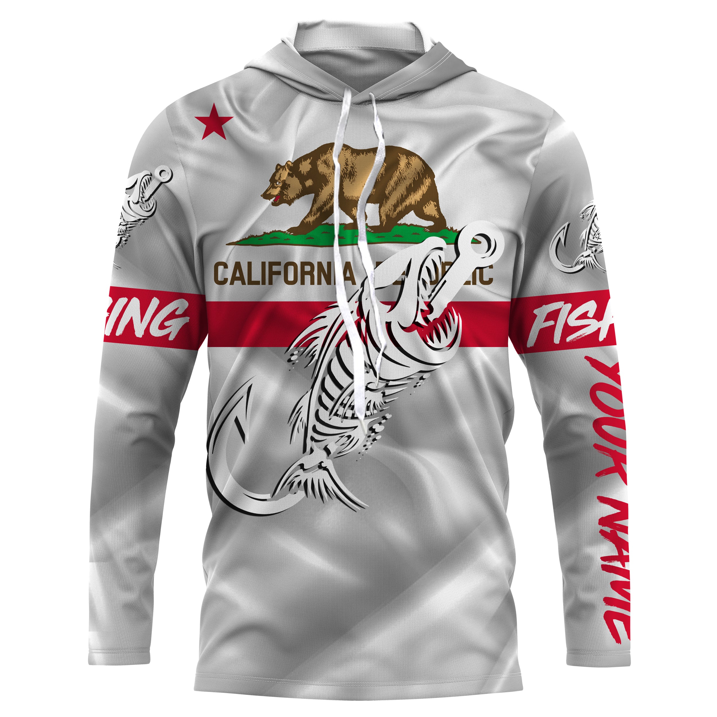 CA Fishing 3D Fish Hook California Flag Fish skull custom Long sleeve, Long Sleeve Hooded NPQ693