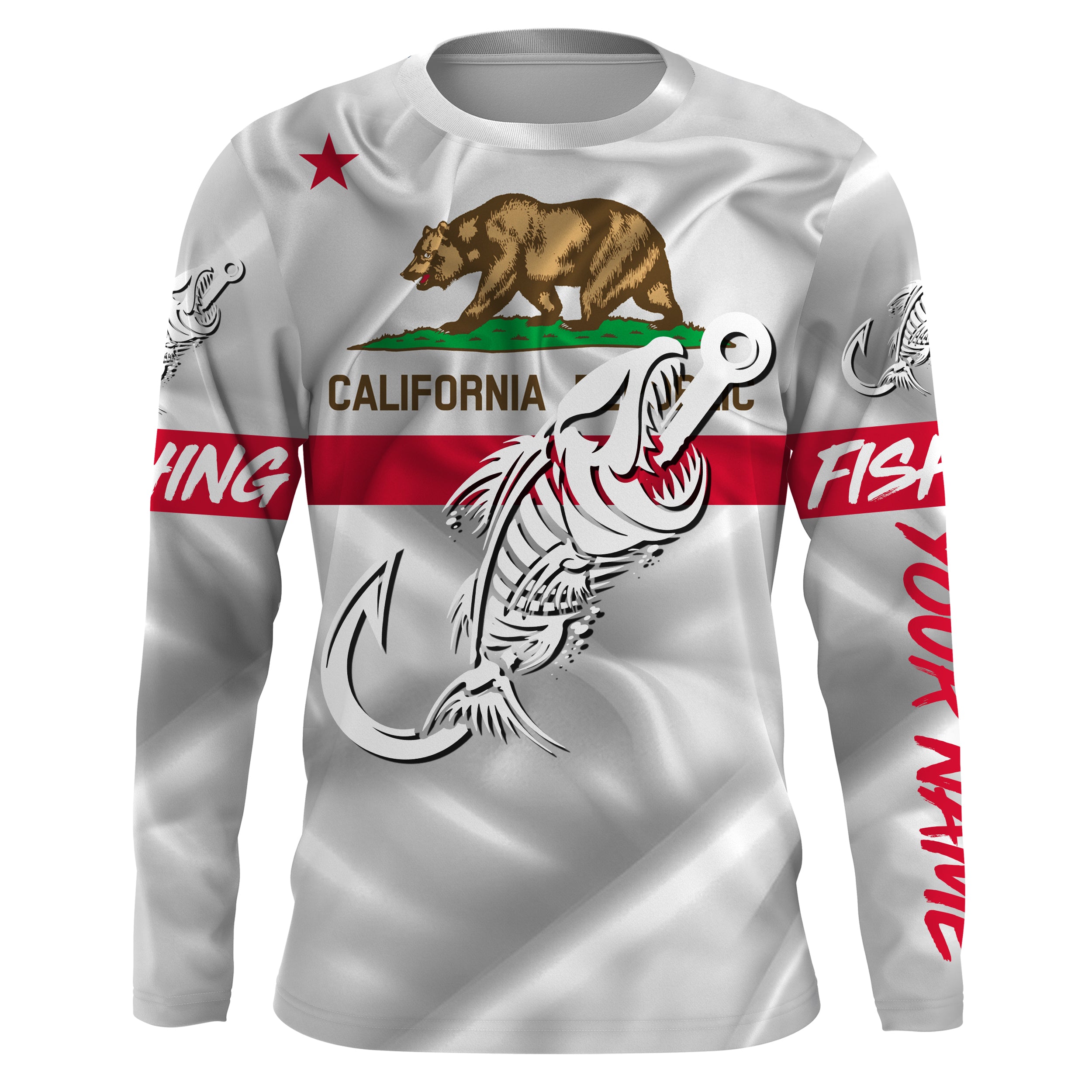 CA Fishing 3D Fish Hook California Flag Fish skull custom Long sleeve, Long Sleeve Hooded NPQ693