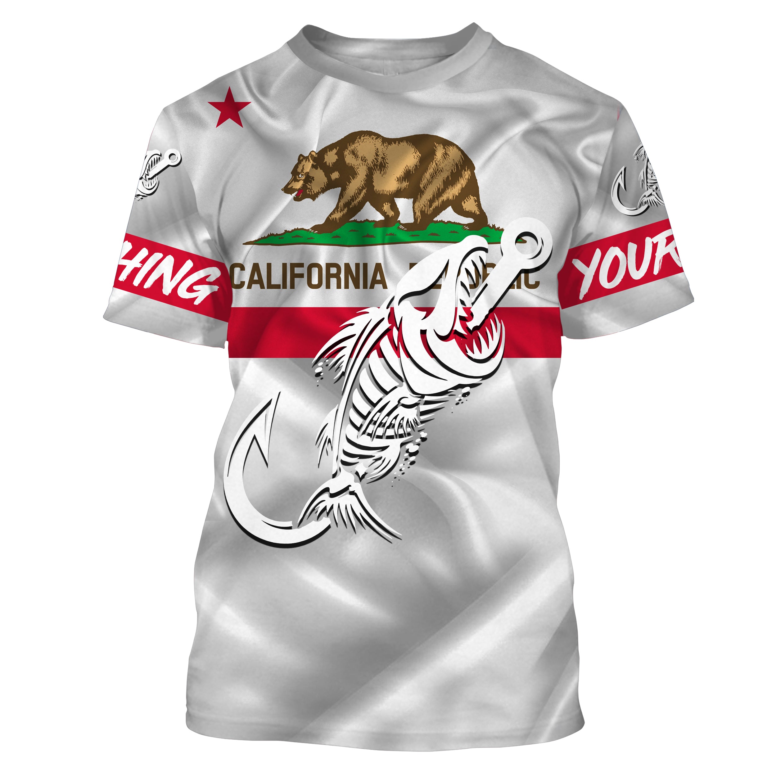 CA Fishing 3D Fish Hook California Flag Fish skull custom fishing shirts | Tshirt - NPQ693