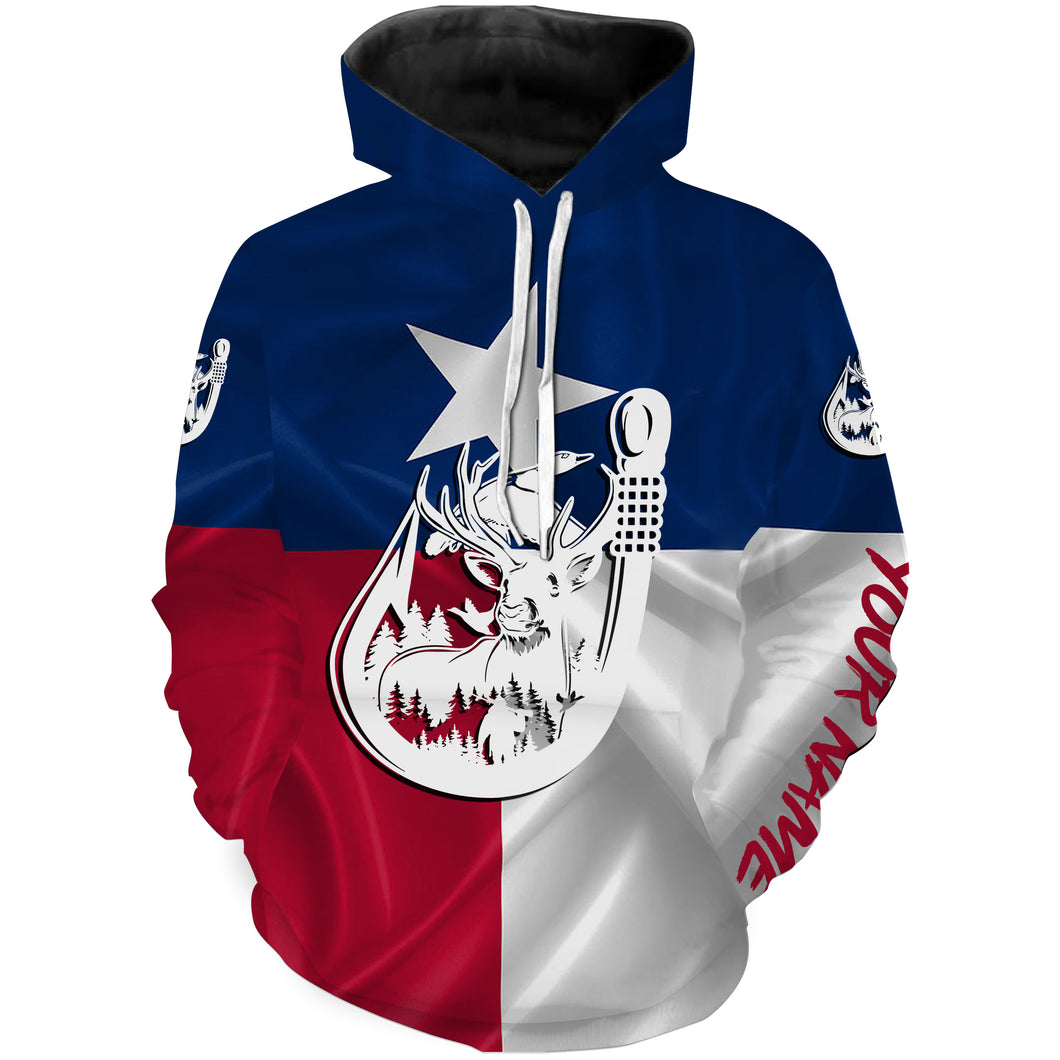 TX Texas Fishing Hunting Flag deer duck Fish hook Custom name performance fishing jerseys | Hoodie - NPQ753