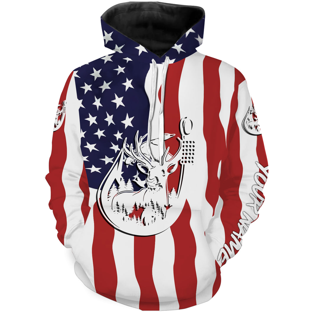 US American Fishing Hunting Flag deer duck Fish hook Custom name performance fishing jerseys | Hoodie - NPQ754