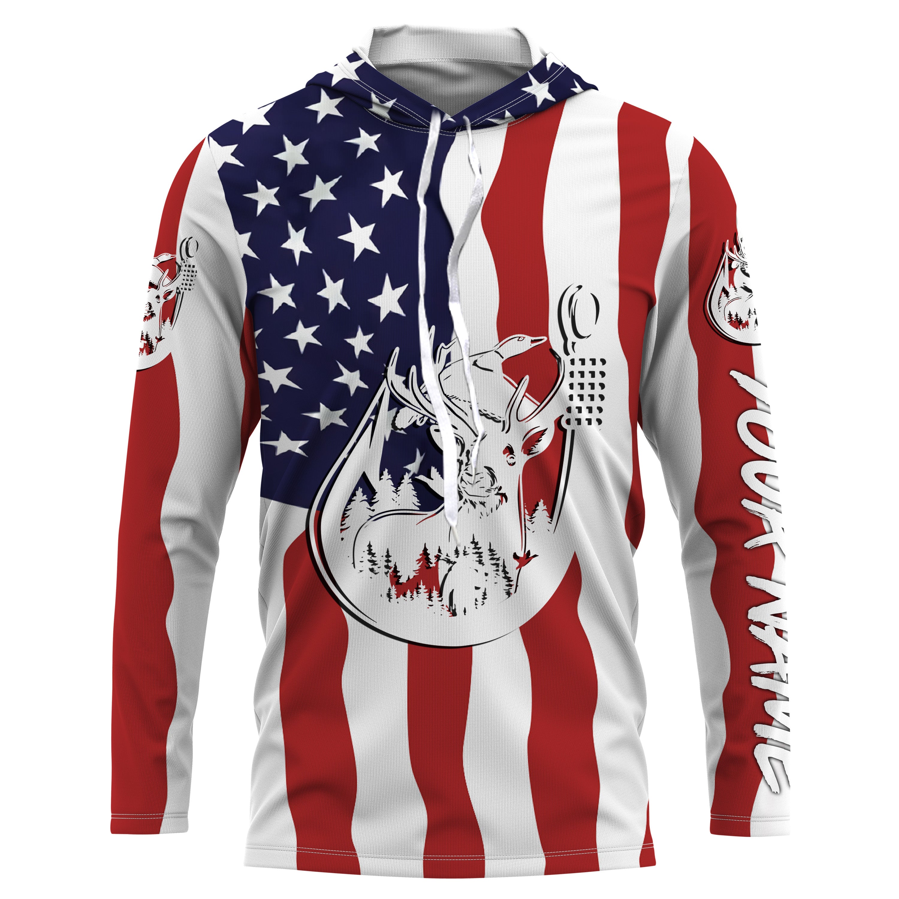 US American Fishing Hunting Flag deer duck Fish hook Custom Long sleeve, Long Sleeve Hooded NPQ754