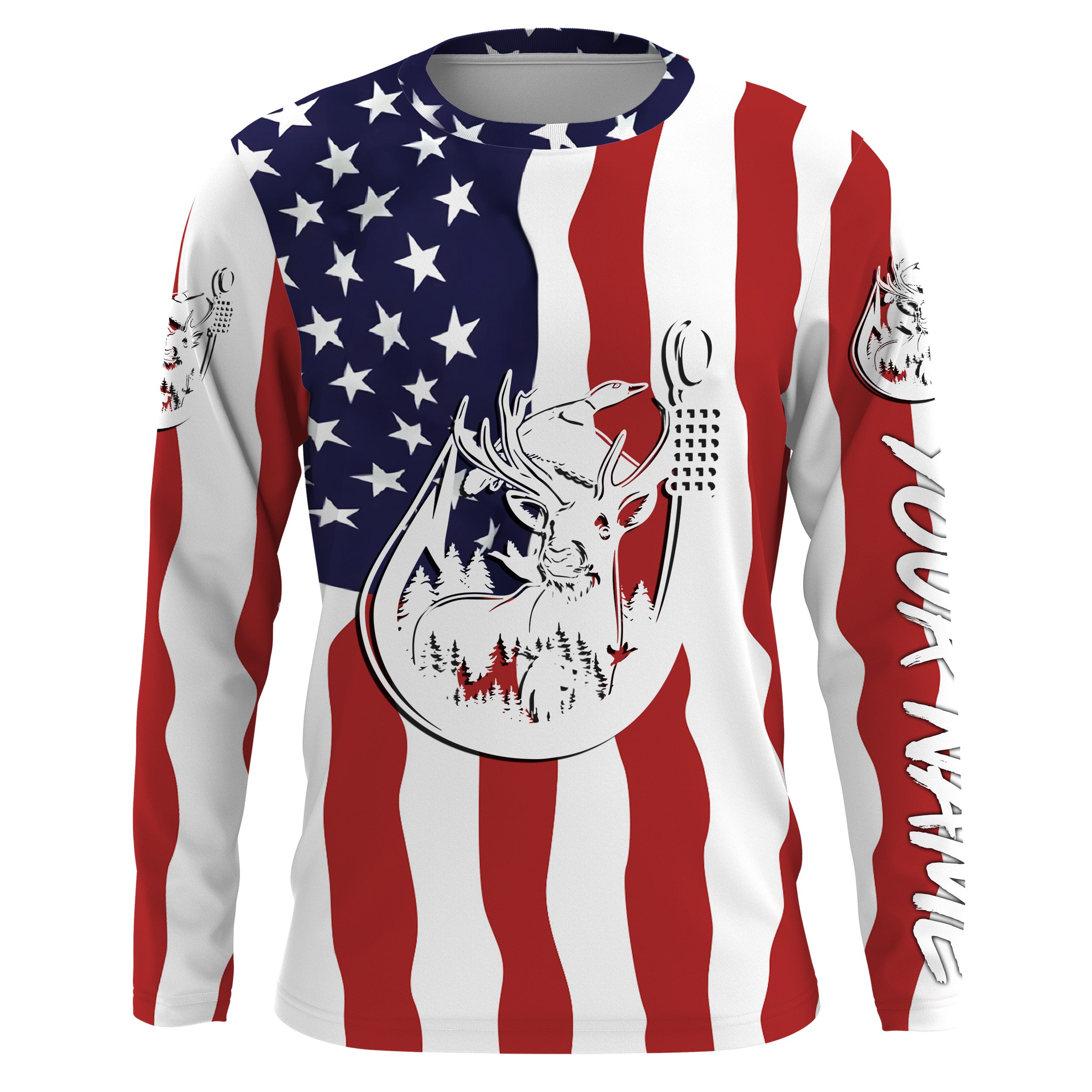 US American Fishing Hunting Flag deer duck Fish hook Custom Long sleeve, Long Sleeve Hooded NPQ754