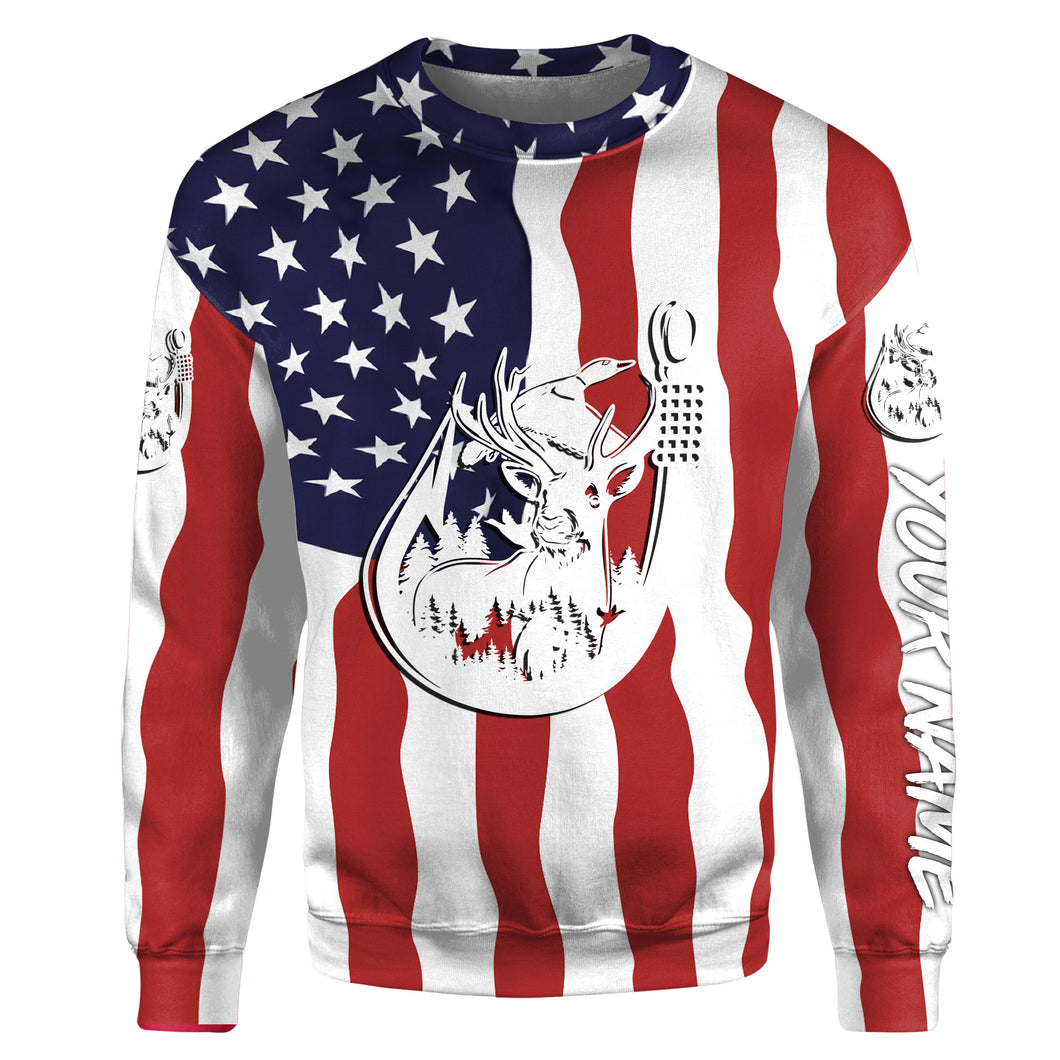 US American Fishing Hunting Flag deer duck Fish hook Custom name fishing jerseys | Sweatshirt - NPQ754