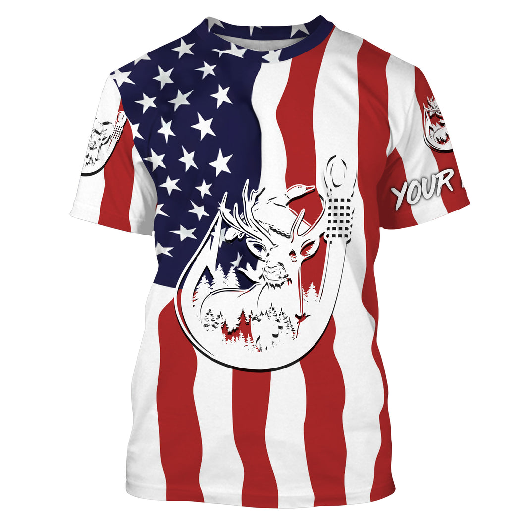 US American Fishing Hunting Flag deer duck Fish hook Custom name performance fishing jerseys | Tshirt - NPQ754